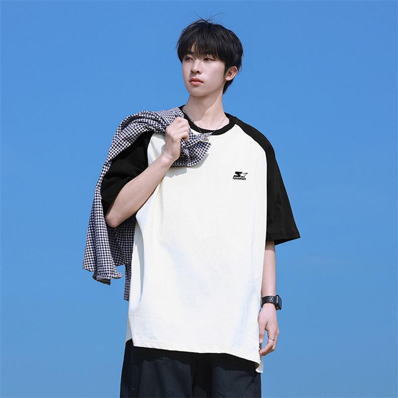 抖音得物高品质二开240克宽松纯棉美式潮牌插肩袖拼接短袖T恤，男装T恤，电商A486-1