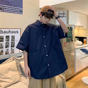 夏季工装港风纯色短袖衬衣男女潮牌慵懒风半袖外套衬衫C2023-P28图片