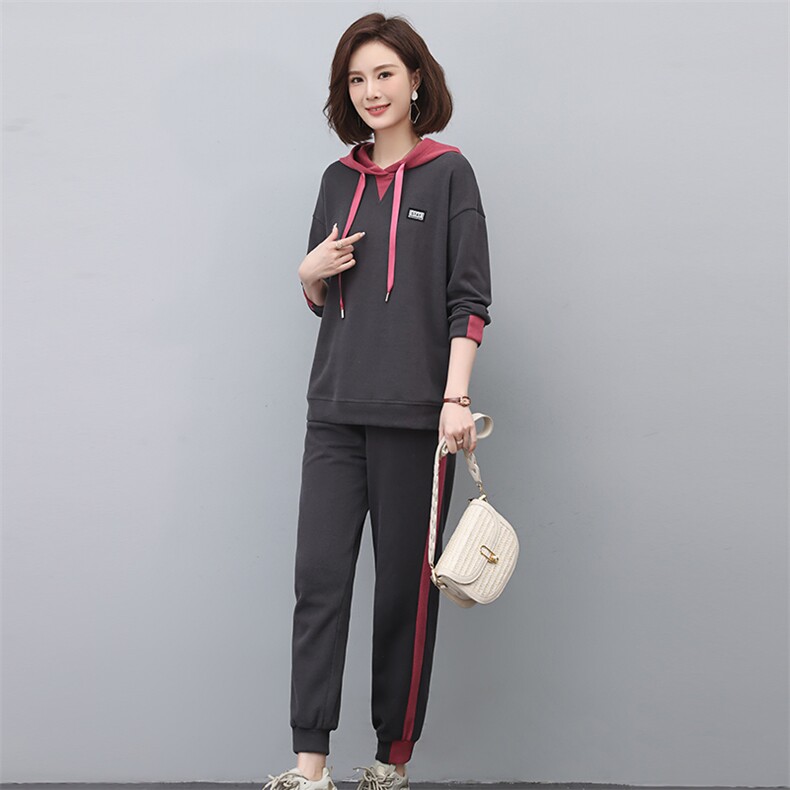 2024春秋季新款时尚休闲气质个性减龄休闲撞色连帽套装,女装套装/套裙,独衣靓