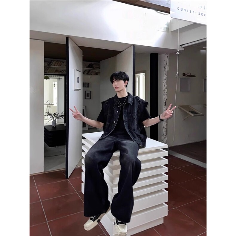 美式水洗磨毛边短款牛仔马甲男无袖宽松夏季潮流帅气上衣XJK8942,男装背心/马甲,星座208-5