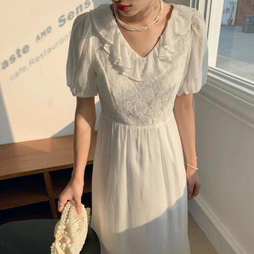 夏季新款领口带荷叶边连衣裙，女装连衣裙，墨初