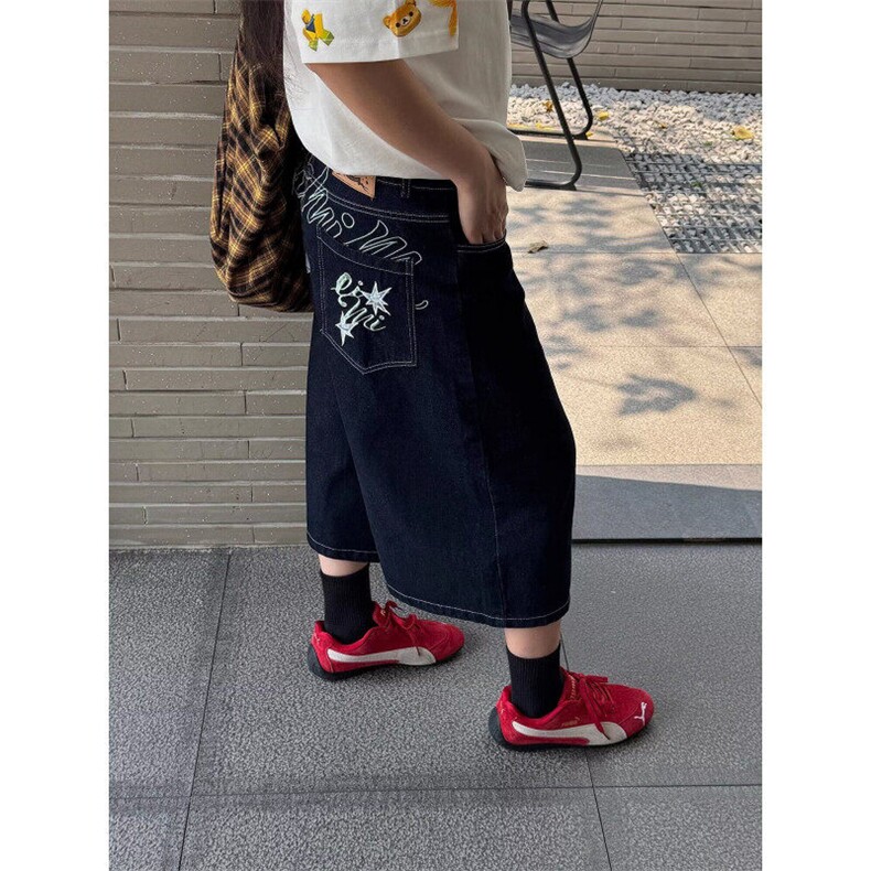 网络图现货美式字母刺绣格纹拼接设计感阔腿牛仔中裤JB3082-P50,男装休闲裤,星座715-7
