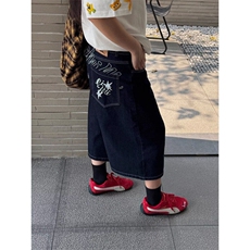 网络图现货美式字母刺绣格纹拼接设计感阔腿牛仔中裤JB3082-P50，男装休闲裤，星座715-7