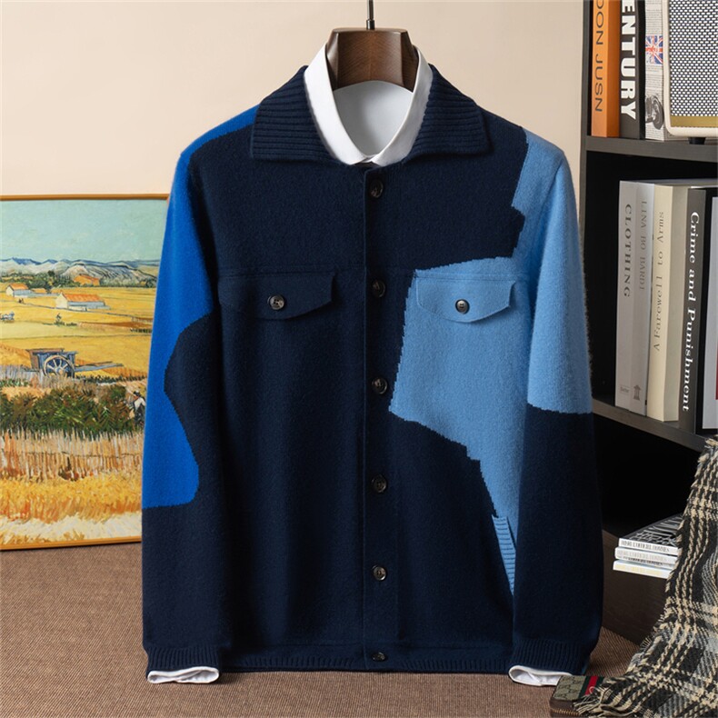2025年秋季新款七针双股加厚撞色针织男士羊绒开衫时尚休闲通勤，男装羊绒开衫，星纬羊绒