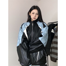 BabyStudios冬季美式拼色机车皮衣外套男女夹棉防风保暖夹克棉衣，男装皮衣，星座1210-1