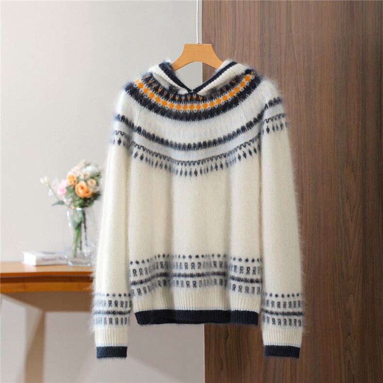 2025年秋季长袖套头通勤时尚百搭通勤简约休闲费尔岛拉绒帽衫，女装羊绒衫，懂尚山羊绒