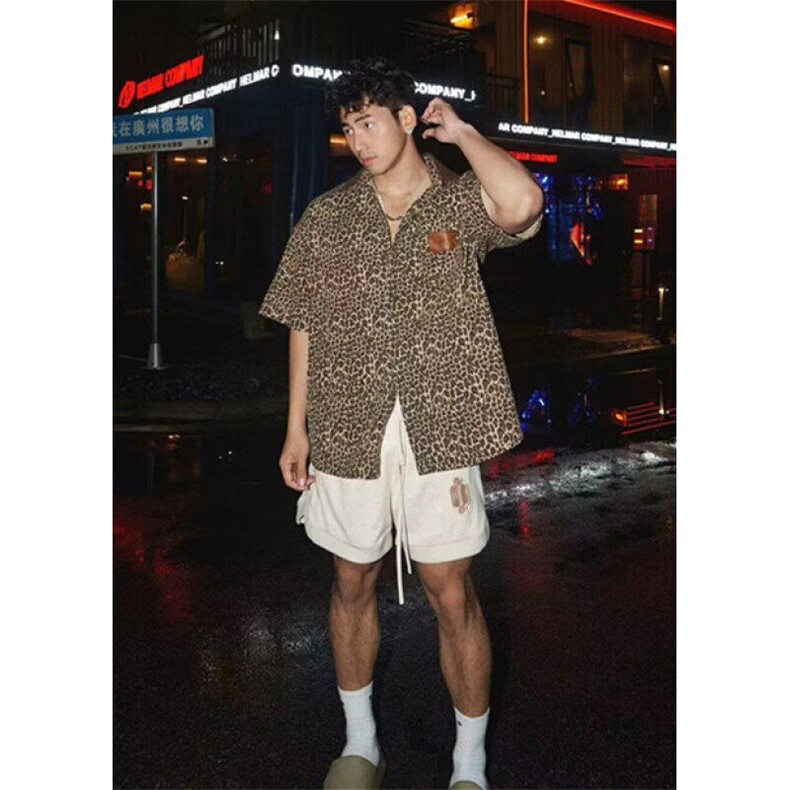 复古豹纹宽松短袖衬衫男夏季新款潮流痞帅高级感衬衣CT16,男装T恤,星座1116A（原606A-3）