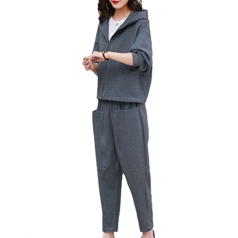 春季新款时尚针织连帽套装显瘦修身休闲两件套,女装套装/套裙,梦芯尔