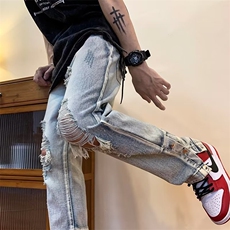 美式vibe风裤子高街潮ins破洞牛仔裤男排扣开叉微喇裤N8812P42，男装牛仔裤，星座1116-2