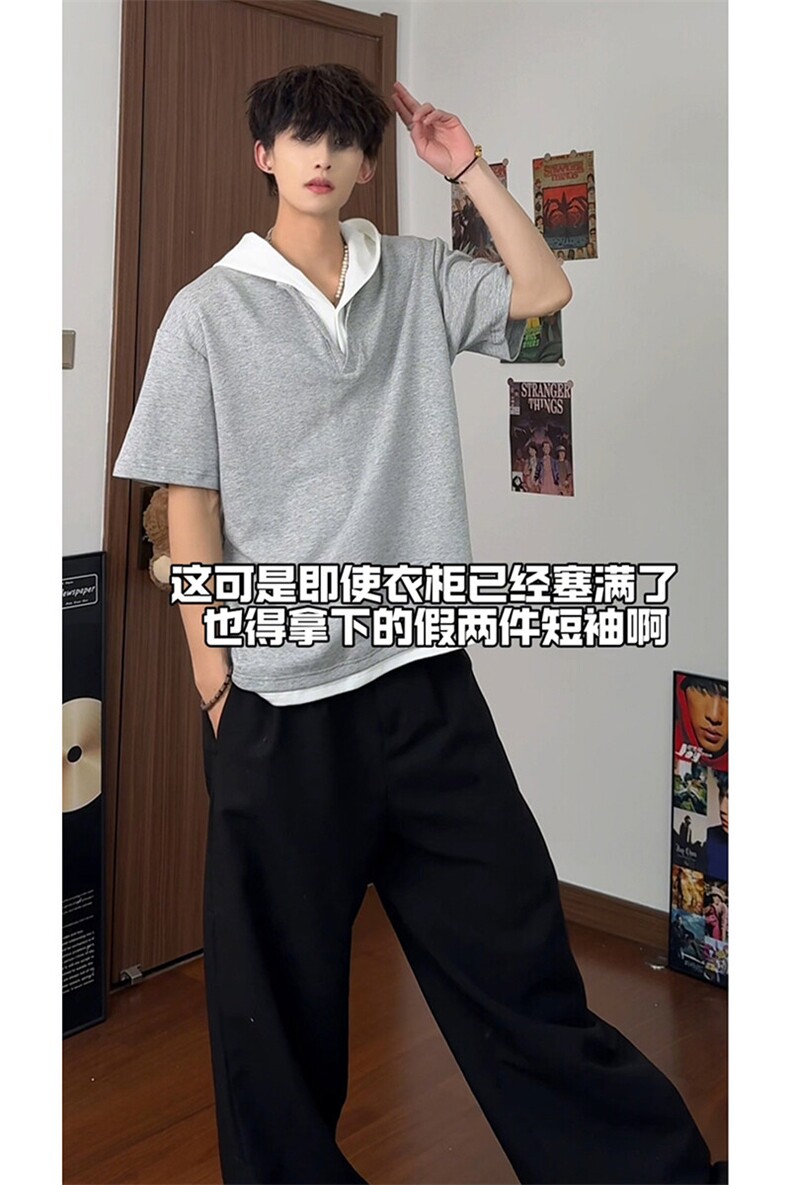 宽松休闲连帽短袖日系时尚重磅高品质面料假两件V领上衣HY733P45,男装T恤,电商A102B