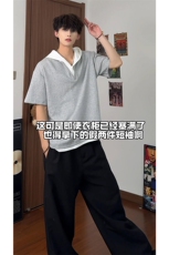 宽松休闲连帽短袖日系时尚重磅高品质面料假两件V领上衣HY733P45，男装T恤，电商A102B
