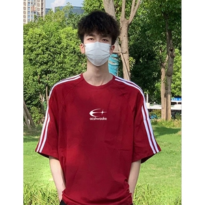 抖音得物高品质二开240克宽松纯棉美式潮牌三条杠织带短袖T恤图片