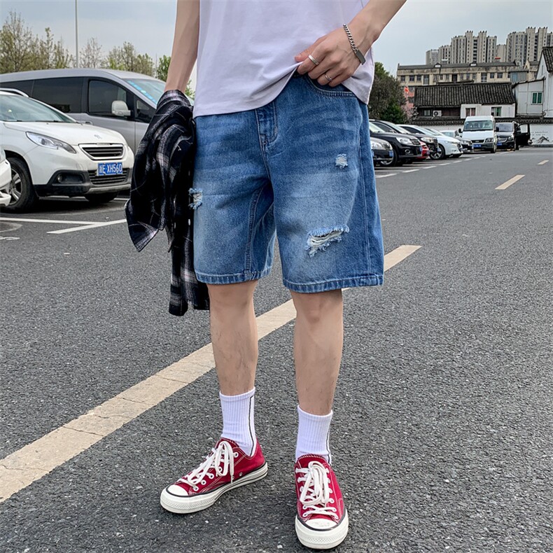 男士牛仔短裤直筒宽松韩版潮流夏季破洞薄款中裤五分裤5102,男装牛仔裤,电商A318