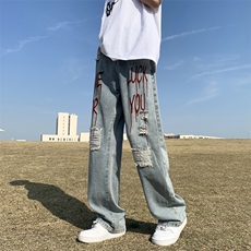 美式hiphop牛仔裤子四季款破洞字母涂鸦潮流休闲牛仔，男装牛仔裤，星座1018A