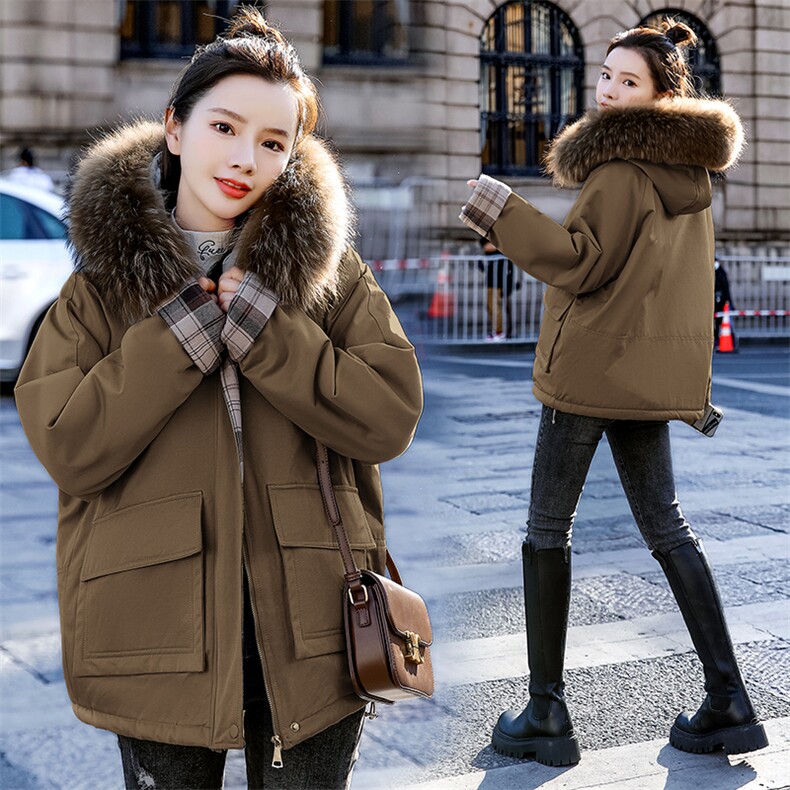 棉衣/棉服2021新款冬兔毛中长款拼接翻袖工装带帽派克服女外套，女装派克服，瑶迪依秀