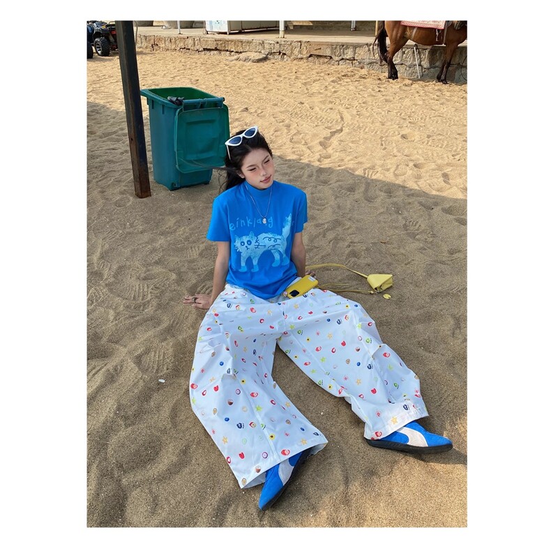美式街头工装裤女夏季水果白色阔腿裤宽松bf直筒运动裤潮,男装工装外套,星座1210-1