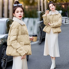2025冬装新款简约时尚新中式狐狸毛拼接提花羽绒服，女装羽绒服，美沁