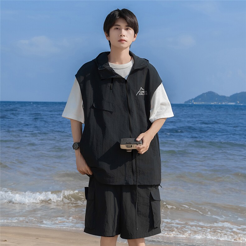 港风24夏款时尚无袖连帽拉链套装TZ614801P70控98,男装休闲套装,电商A268A