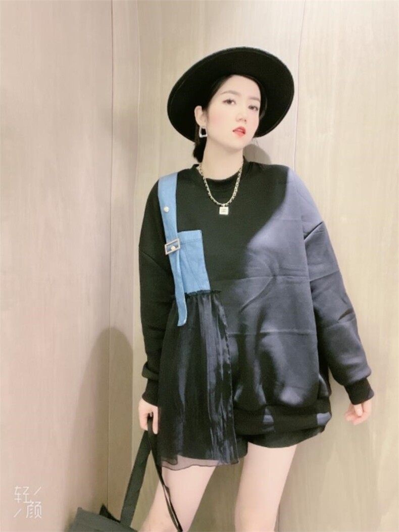潮牌上衣加厚卫衣拼牛仔,女装卫衣/绒衫,芭娜美纳