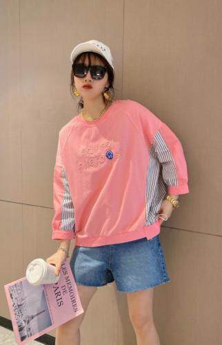 【现货】夏季新款针织衬衫拼接刺绣字母笑脸潮款圆领卫衣，女装衬衫，微迪菲