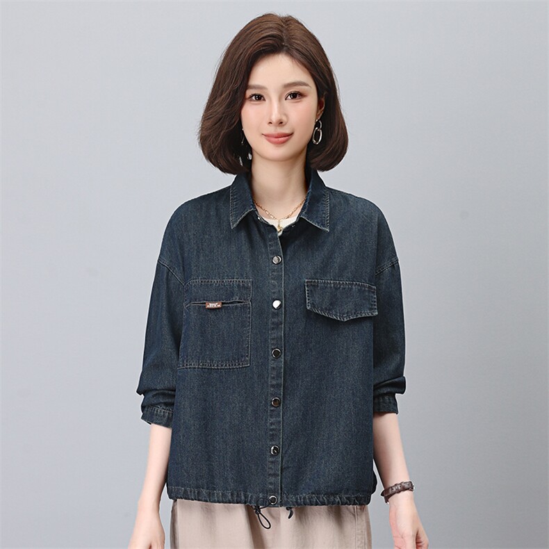 蓝色牛仔衬衫女长袖2024秋季新百搭宽松休闲牛仔衬衫,女装牛仔外套,悦见她