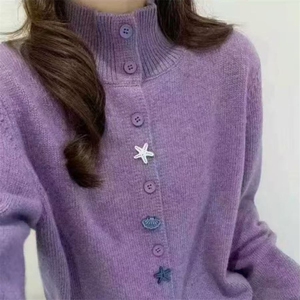 毛衣女极简风高领针织开衫女秋冬宽松大码毛衣外套短款上衣图片