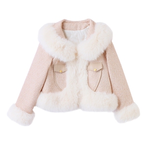 小香风仿水貂毛拼接粗花呢外套女2024冬季小个子显瘦加厚皮草上衣图片