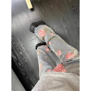 满印玫瑰提花牛仔裤男复古设计感松弛慵懒阔腿微喇长裤LA2833-P50图片