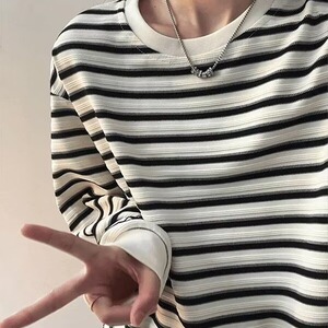 潮流ins2026春秋季复古条纹圆领长袖T恤男女潮牌情侣宽松百搭上衣图片