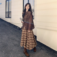 美拉德棕咖色高级感套装2025秋季翻领马甲卷边宽松半身裙两件套，女装套装/套裙，2C110