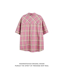 夏复古简约撞色格纹短袖衬衫男女宽松休闲防晒衬衣外套LS7009P36，男装防晒衣，星座1013-5