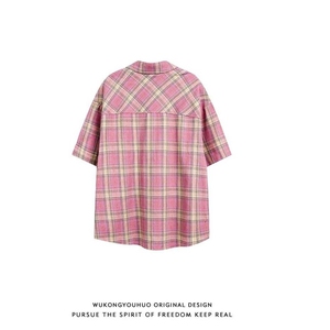 夏复古简约撞色格纹短袖衬衫男女宽松休闲防晒衬衣外套LS7009P36,范范衣服搭配图片