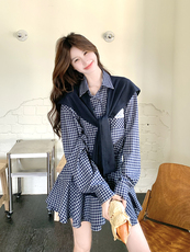 学院风蓝色格子连衣裙女春秋2025新款超火好看高级感小众气质裙子，女装连衣裙，浙宝276（原081）