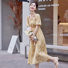 黄螺色印花连衣裙优雅淑女气质显瘦中长款A字裙泡泡袖甜美仙女裙，女装连衣裙，铭街依杨