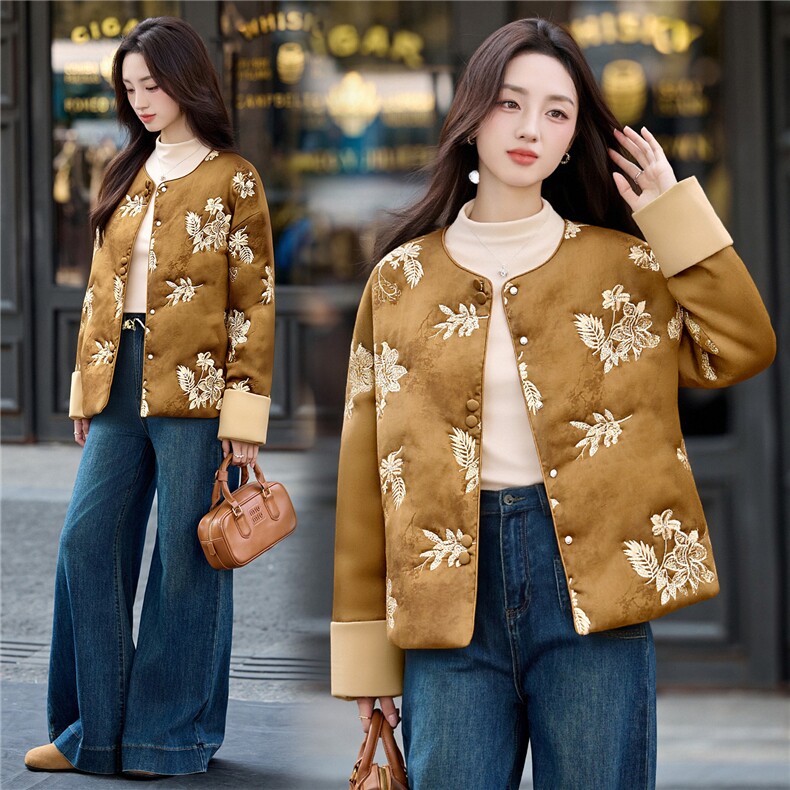 2025冬装新款优雅刺绣轻薄棉衣,女装棉衣/棉服,伊仟回