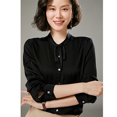 2025年夏季真丝衬衫女立领设计感飘带洋气长袖上衣缎面桑蚕丝衬衣，女装衬衫，宋氏羊绒