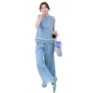 蓝色休闲松弛感套装女2025夏季新款气质时尚亮片背心阔腿裤两件套图片