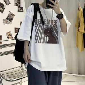 T10男士休闲宽松港风印花T恤衫男圆领半截袖TEE五分袖T恤潮男女T图片