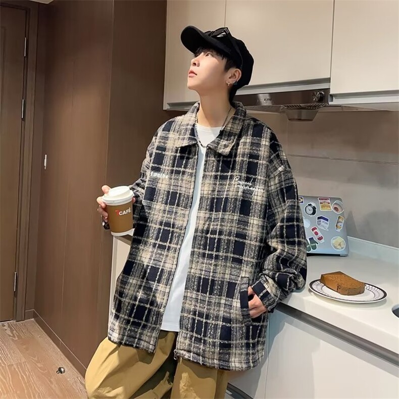 小香风棉服外套男款冬季加厚毛呢绒格纹衬衫高级工装夹克 W79图片
