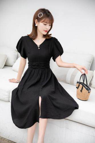 夏季新款人鱼尾气质开叉黑色连衣裙，女装连衣裙，水锦红