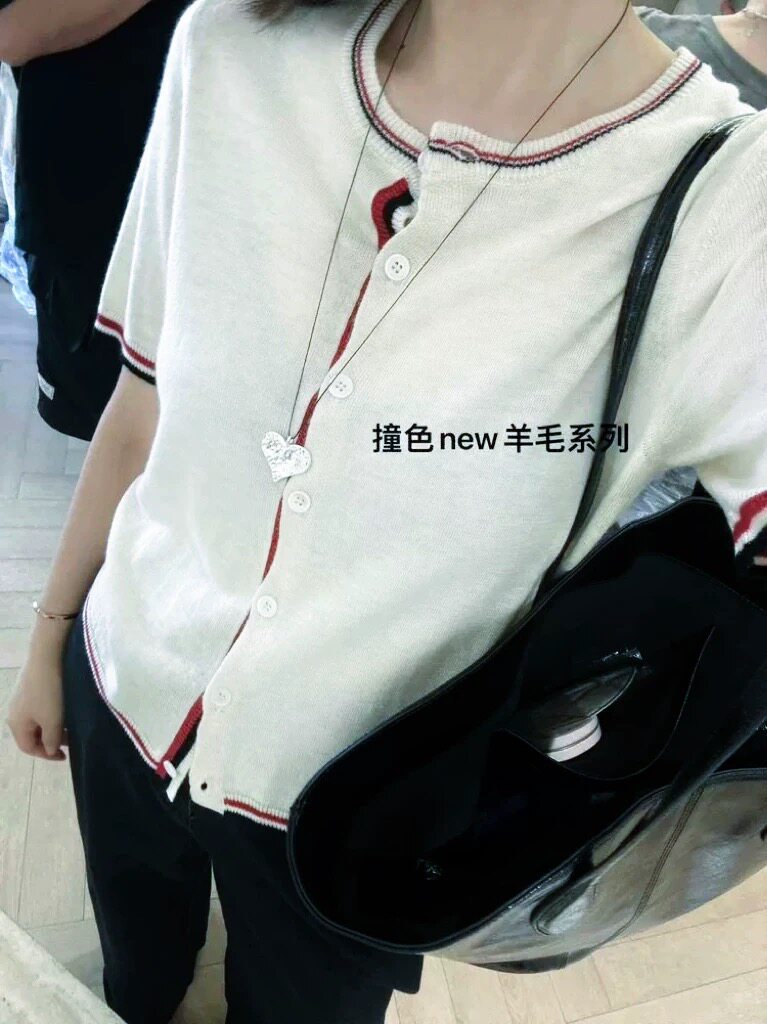 精致配条装饰细腻精纺羊毛圆领开衫短袖,针织衫/毛衣,艾米娇羊绒