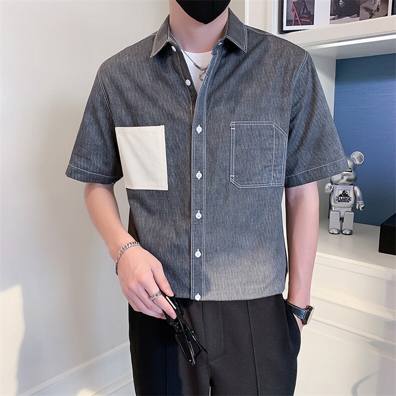 2025新款夏季牛仔衬衫男士短袖潮牌工装男士衬衣A313-1-W515-P58,男装T恤,电商A313-1