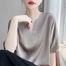 衬衣V领高级感短袖衬衫夏季新款纯色宽松上衣，女装针织衫/毛衣，绒宛羊绒