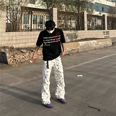 美式风泼墨印花直筒牛仔裤男女高街潮流休闲垂感百搭阔腿裤子，男装牛仔裤，星座506A