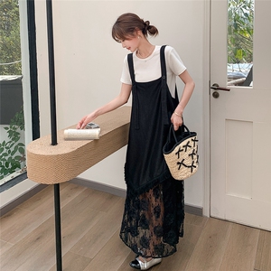 休闲T恤蕾丝拼接背带连衣裙女夏2025新款甜美显瘦两件套爆款长裙图片
