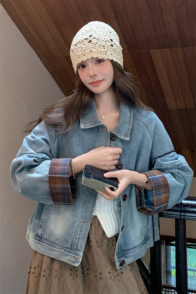 【现货】格纹袖口拼接短款牛仔外套--W511P145K198,女装短外套,2C209