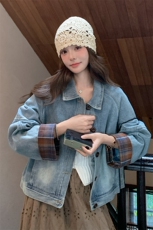 【现货】格纹袖口拼接短款牛仔外套--W511P145K198，女装短外套，2C209