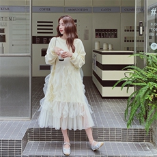 【出货中】高品质粉色杏色长袖网纱裙8237-P150-K218，女装连衣裙，2C137