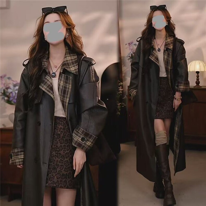 2025年秋季常规修身中长款格子拼接皮衣外套通勤显瘦，女装皮衣，红依娜