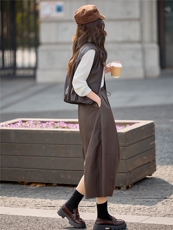 2026春季新款小众设计法式休闲皮马甲蕾丝衬衫领高腰半身裙三件套，女装套装/套裙，深水步